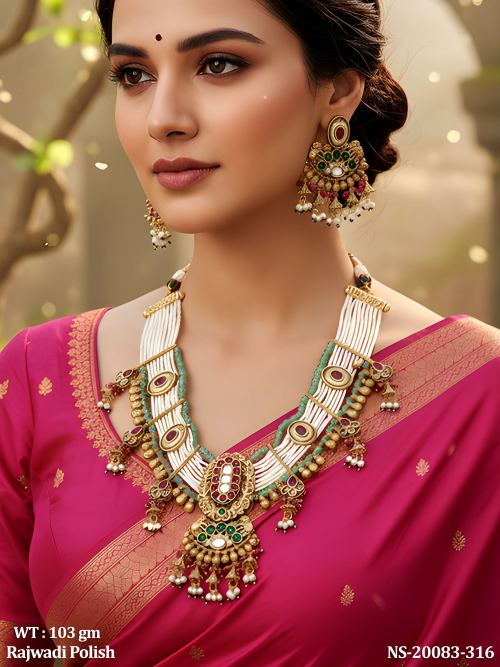 Antique Stone-Studded Necklace Set with Earrings in Rajwadi Finish