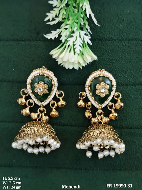 Mehendi Finish Pearl Jhumka Earrings for Women