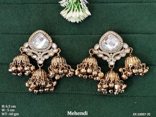 Mehendi Finish Antique Stone-Studded Jhumka Earrings for Women in White, photo 4 of 6