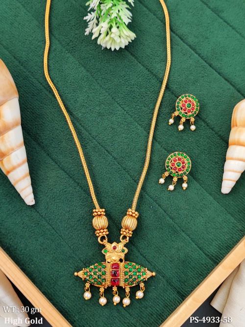 High Gold Green Stone Traditional Pendant Set with Earrings
