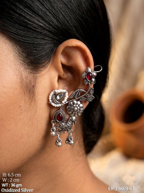 Floral Vine Ear Cuff Earrings with Stone Work Set of 3
