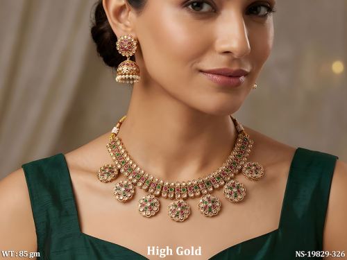 Stone-Studded Ethnic Necklace Set with Earrings for Women