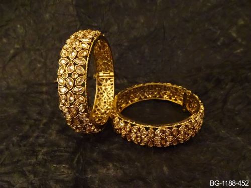 Floral Bangles with Stone Work in Mehendi Finish Set of 2