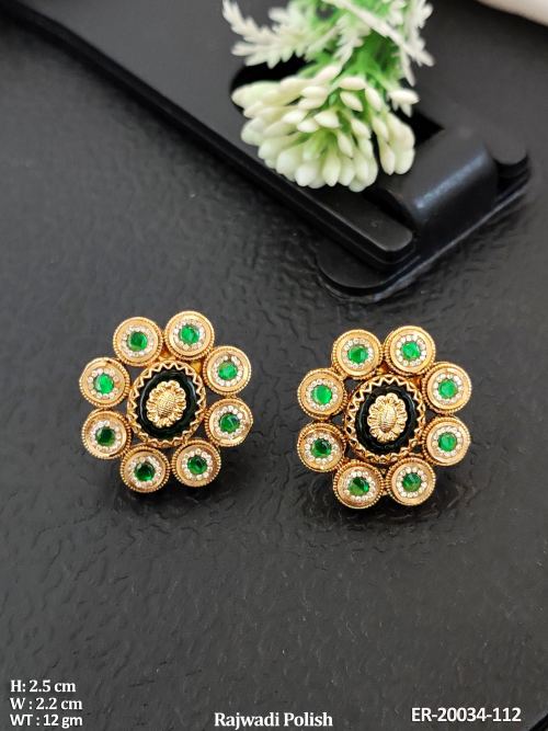 Rajwadi Finish Stone-Studded Stud Earrings with Floral Design