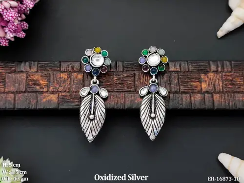 Party Wear Leaf Drop Earrings in Oxidised Finish in Multi, photo 6 of 7