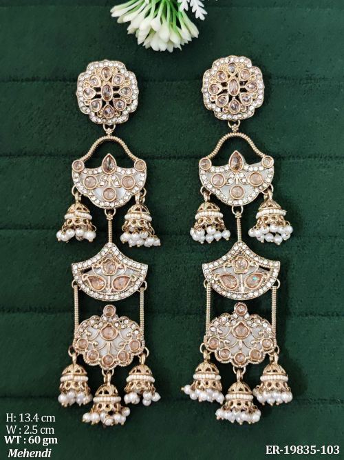 Jhumka Earrings with Pearls in Mehendi Finish in White, photo 6 of 9