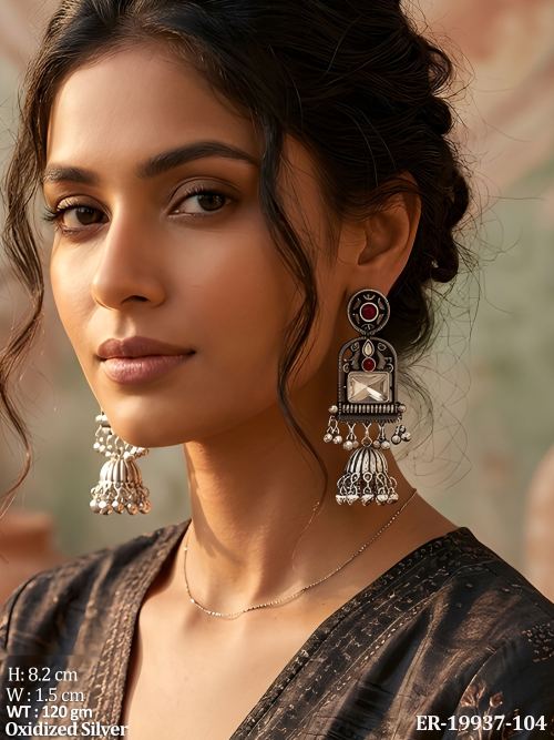 Jhumka Earrings with Stone Work in Oxidised Finish, photo 1 of 3