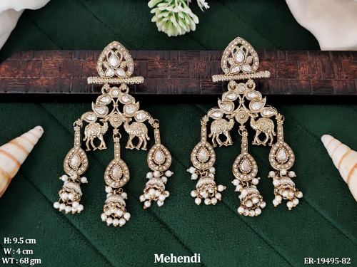 Mehendi Finish Antique Jhumka Earrings for Women in White, photo 2 of 5