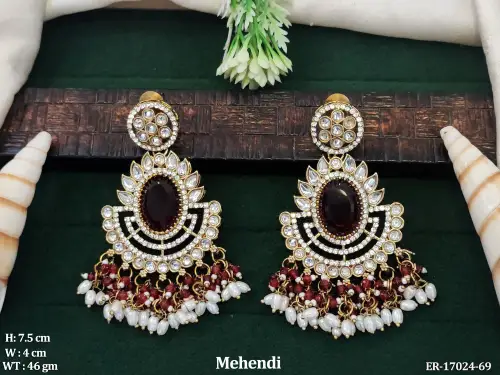 Earrings with Pearls in Mehendi Finish in Ruby, photo 2 of 4