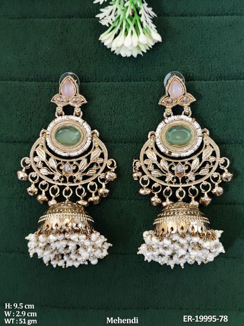 Pearl Traditional Jhumka Earrings for Women in Mint Green Pink, photo 6 of 7