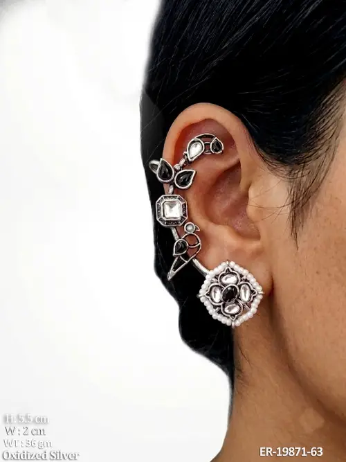Stone-Studded Bird Ear Cuff Earrings in Oxidised Finish