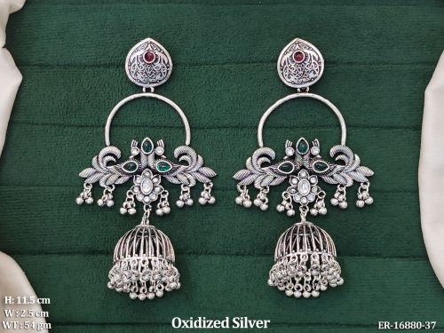 Oxidised Finish Stone-Studded Jhumka Earrings for Women in Ruby Green, photo 4 of 7