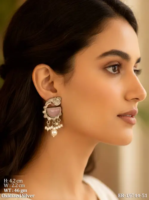 Oxidised Finish Pearl Drop Earrings for Women