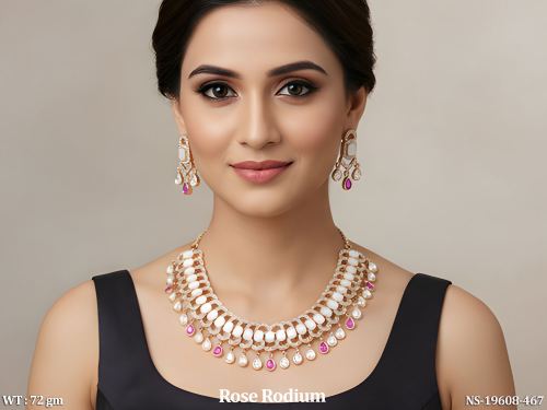Rose Finish Kundan Stone-Studded Necklace Set with Earrings for Women in Ruby, photo 3 of 4