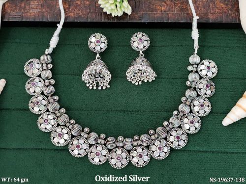 Stone-Studded Floral Necklace Set in Oxidised Finish in Ruby, photo 2 of 5