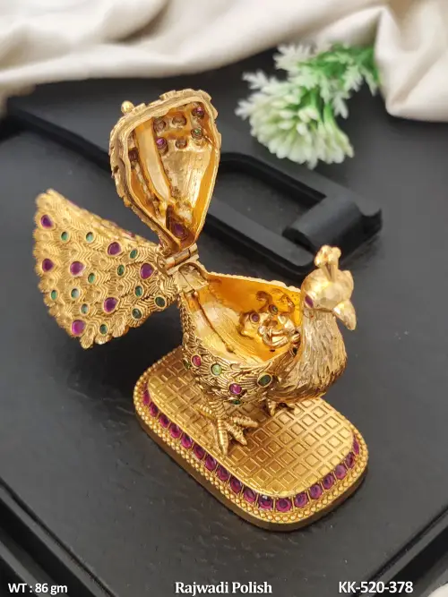 Rajwadi Finish Stone-Studded Kumkum Box with Peacock Design, photo 2 of 3