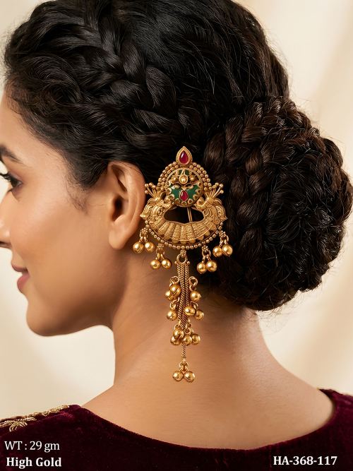 Traditional Gold Juda Pin with Pearl Drop Hanging