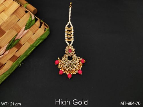 South Indian Tassel Maang Tikka with Pearls in Pink, photo 2 of 2