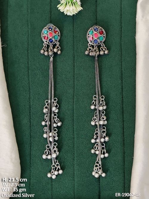 Stone-Studded Drop Earrings in Oxidised Finish, photo 2 of 3