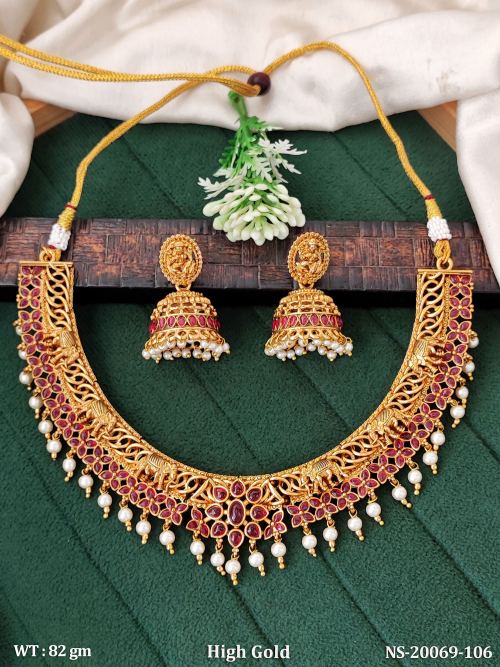 Pearl South Indian Necklace Set for Women in Ruby, photo 2 of 4