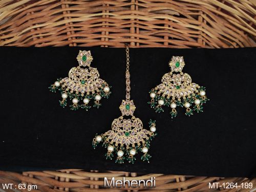 Beautiful Designer Party Wear Antique jewellery Mehendi Polish Maang Tikka Earrings