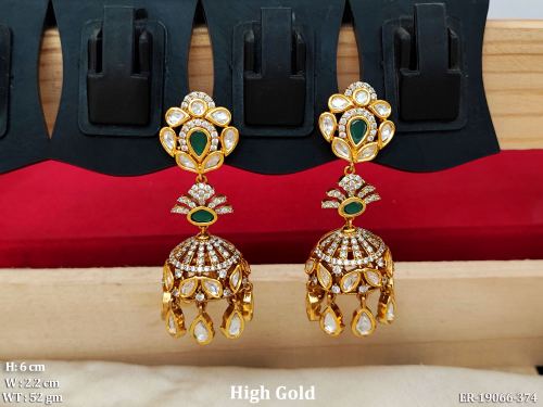 Stone-Studded Kundan Jhumka Earrings for Women in Green, photo 2 of 5