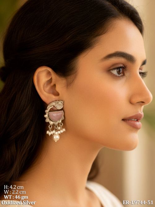 Oxidised Finish Pearl Drop Earrings for Women
