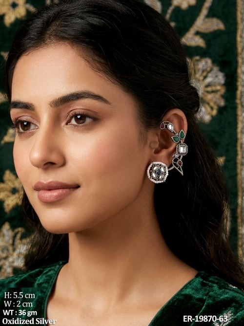 Floral Bird Ear Cuff Earrings with Stone Work Set of 3