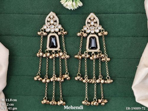 Long Stone-Studded Chain Earrings with Small Bells in Mehendi Finish in Black, photo 11 of 12
