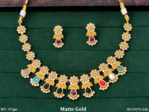 Matte Finish Traditional Stone-Studded Necklace Set for Women in Multi, photo 3 of 4