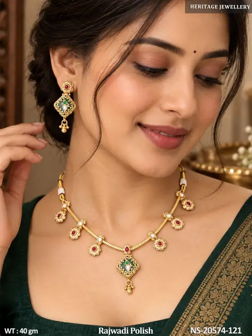 Designer Rajwadi Motif Necklace With Matching Earrings