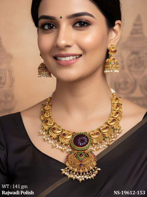 Rajwadi Finish Stone-Studded Necklace Set with Peacock Design