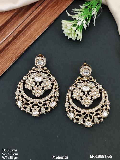 Mehendi Finish Stone-Studded Chandbali Earrings in White, photo 5 of 8