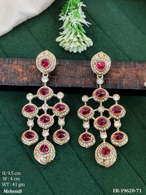 Long Antique Earrings with Stone Work in Mehendi Finish in Rani, photo 4 of 9