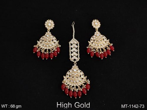 Antique Stones Clustered Pearl High gold Polish Designer Maang Tikka with Earring