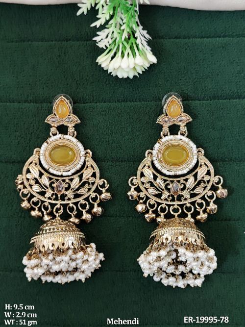 Pearl Traditional Jhumka Earrings for Women in Yellow, photo 4 of 7