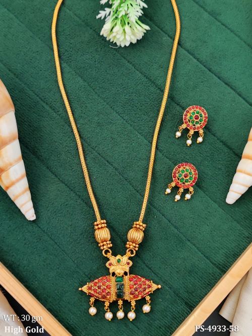 High Gold Green Stone Traditional Pendant Set with Earrings