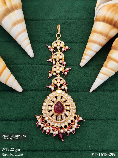 Pearl Floral Maang Tikka in Rose Finish in Ruby, photo 3 of 6