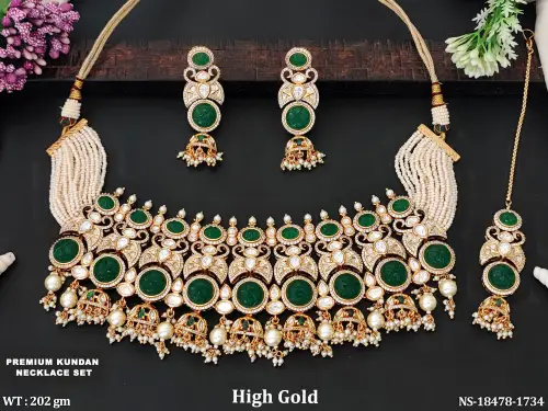 Bridal Kundan Necklace Set for Women in Green, photo 2 of 6