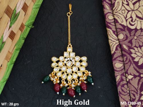 Classic Party Wear Kundan Tikka in Ruby Green, photo 2 of 4
