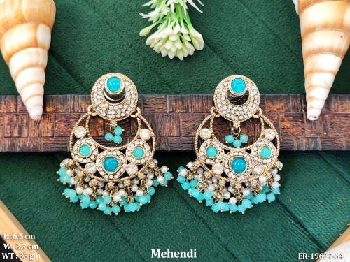 Pearl Chandbali Earrings in Mehendi Finish in Feroza, photo 3 of 8