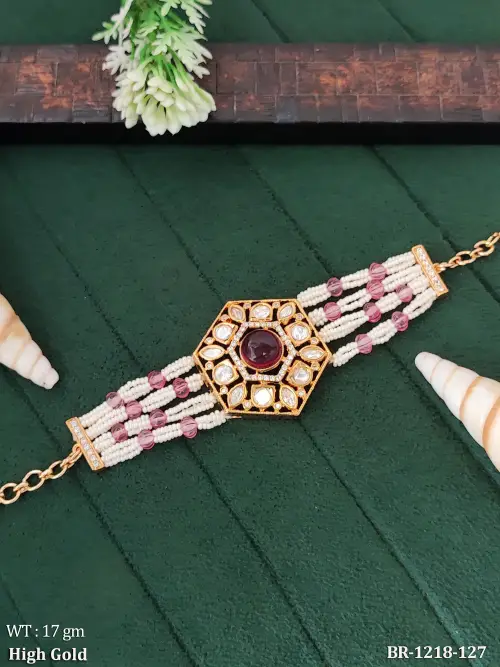 Designer Kundan Pearl Bracelet with Geometric Motif
