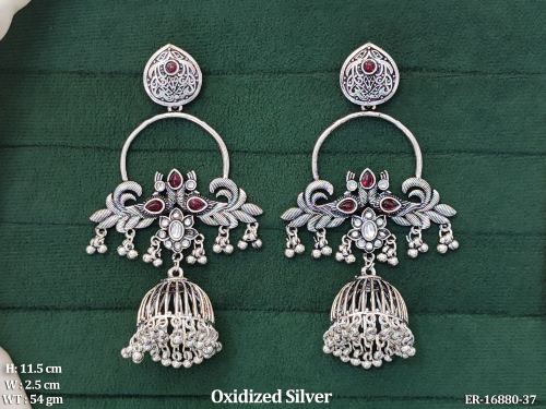Oxidised Finish Stone-Studded Jhumka Earrings for Women in Ruby, photo 3 of 7