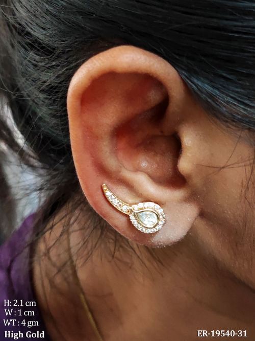 White Kundan Ear Cuff Stud Earrings with Stone Work, photo 2 of 2