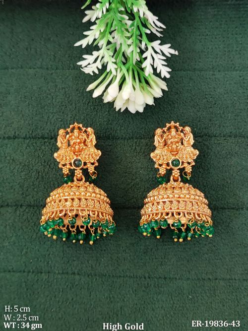 Temple Stone-Studded Jhumki Earrings in Green, photo 3 of 5