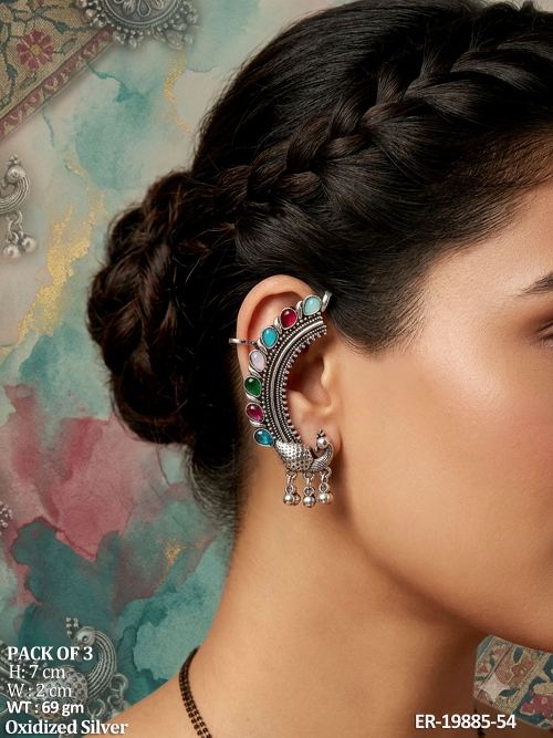 Stone-Studded Peacock Ear Cuff Earrings in Oxidised Finish