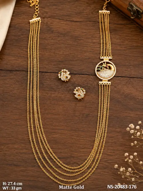Stone-Studded Peacock Necklace Set in Matte Finish