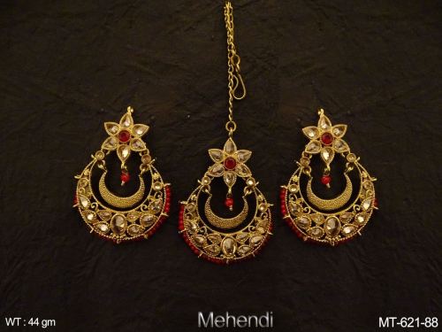 Chand Shape Polo Polki Maang tikka Earrings