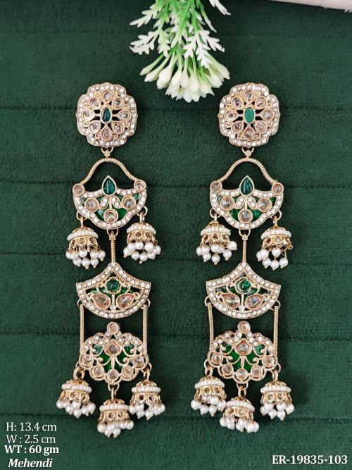 Jhumka Earrings with Pearls in Mehendi Finish in Green, photo 3 of 9
