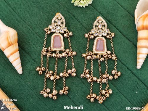 Long Stone-Studded Chain Earrings with Small Bells in Mehendi Finish in Pink, photo 2 of 12